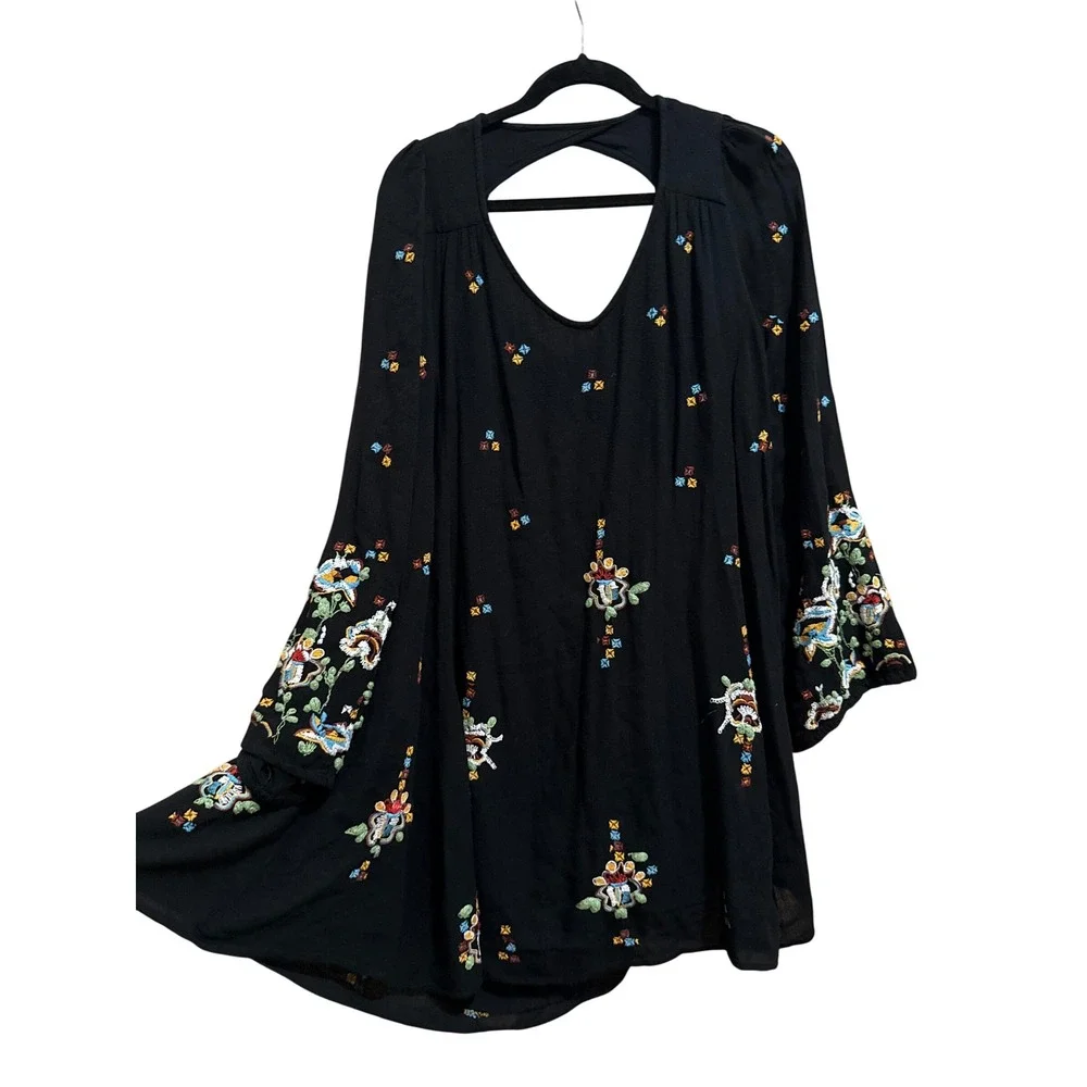 Free People Black Oxford Embroidered Cutout Back Mini Dress Boho Size Small